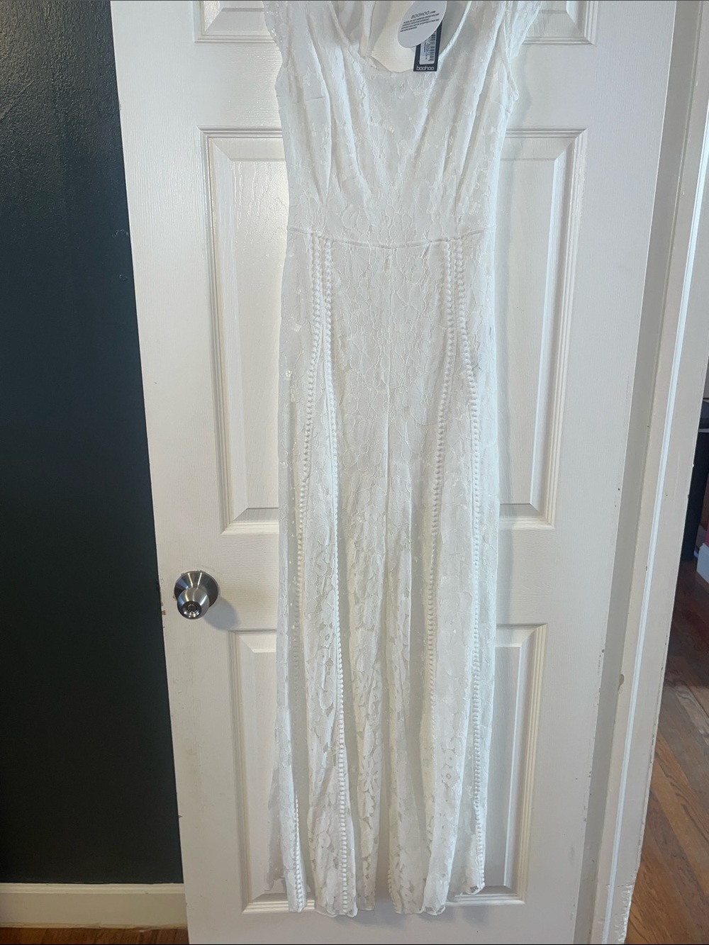 Boohoo White Lace Cap-Sleeve Jumpsuit